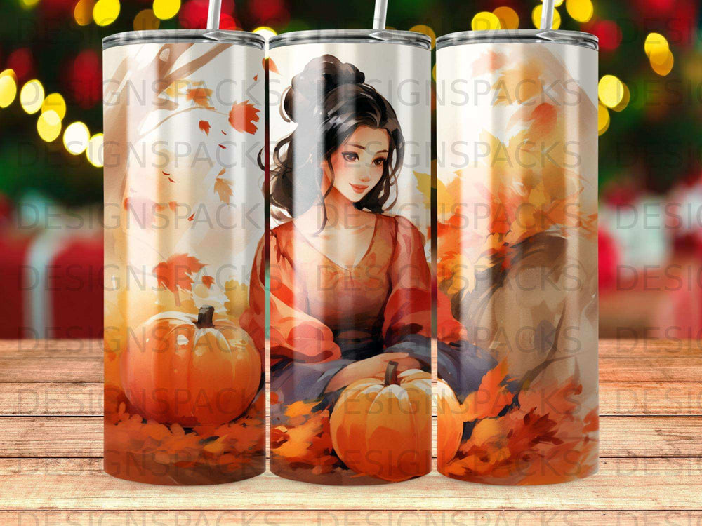 Fall woman with pumpkin and autumn leaves, tumbler design.