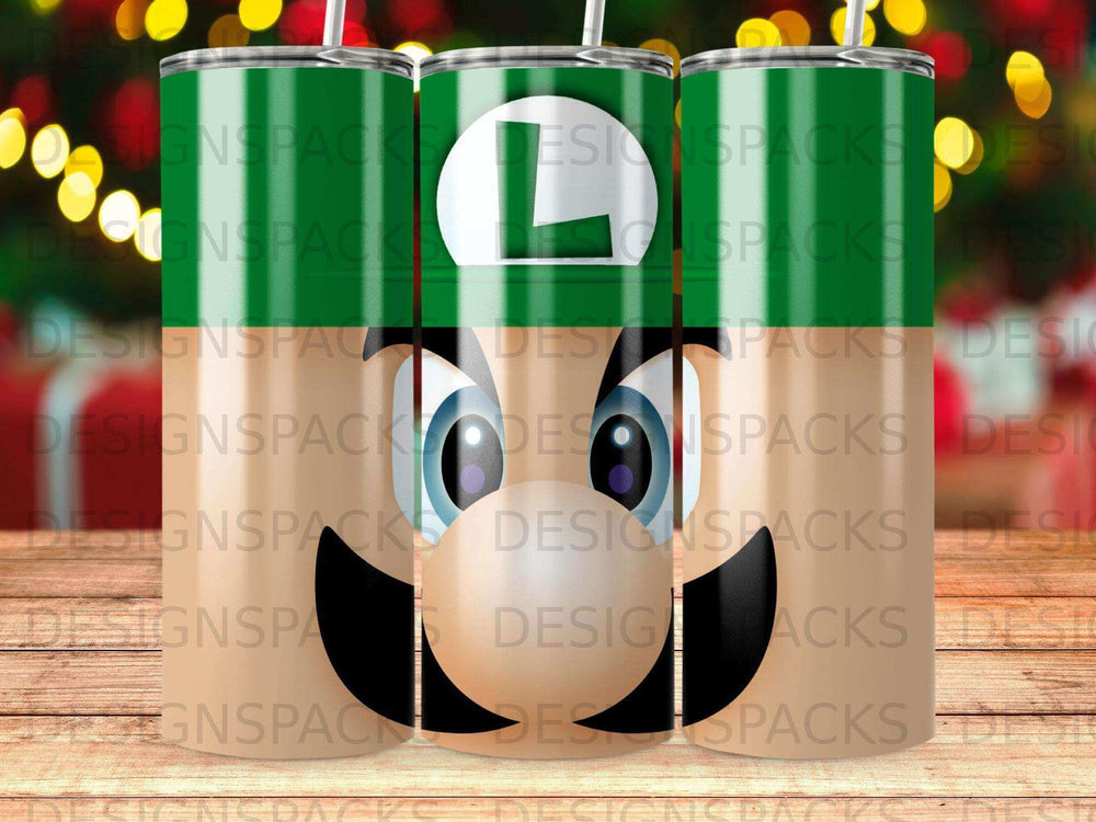 Tumbler with Mario and Luigi characters, L logo, and watermarks.