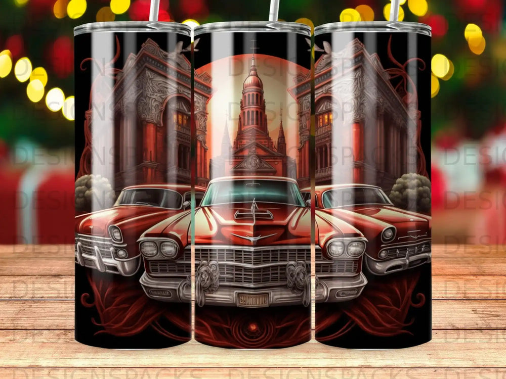 Three vintage red cars with ornate buildings behind them.