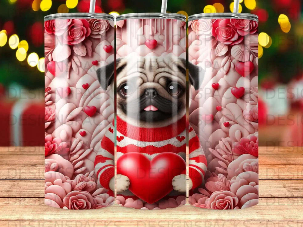 Pug in a red and white striped sweater holds a red heart, surrounded by pink roses and hearts.