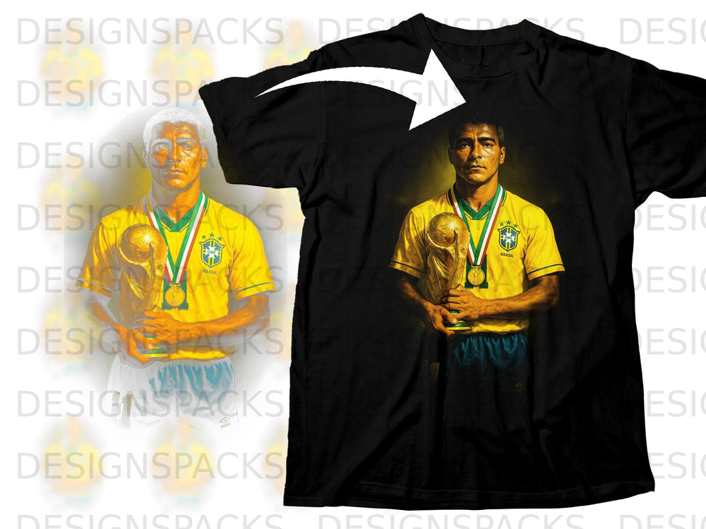Black t-shirt with artwork of a Brazilian soccer player holding a trophy.