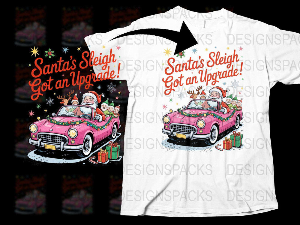 Santa's Sleigh Upgrade Festive Holiday T-Shirt, Colorful Christmas Graphic Tee, Vintage Car Gift Idea for Men and Women