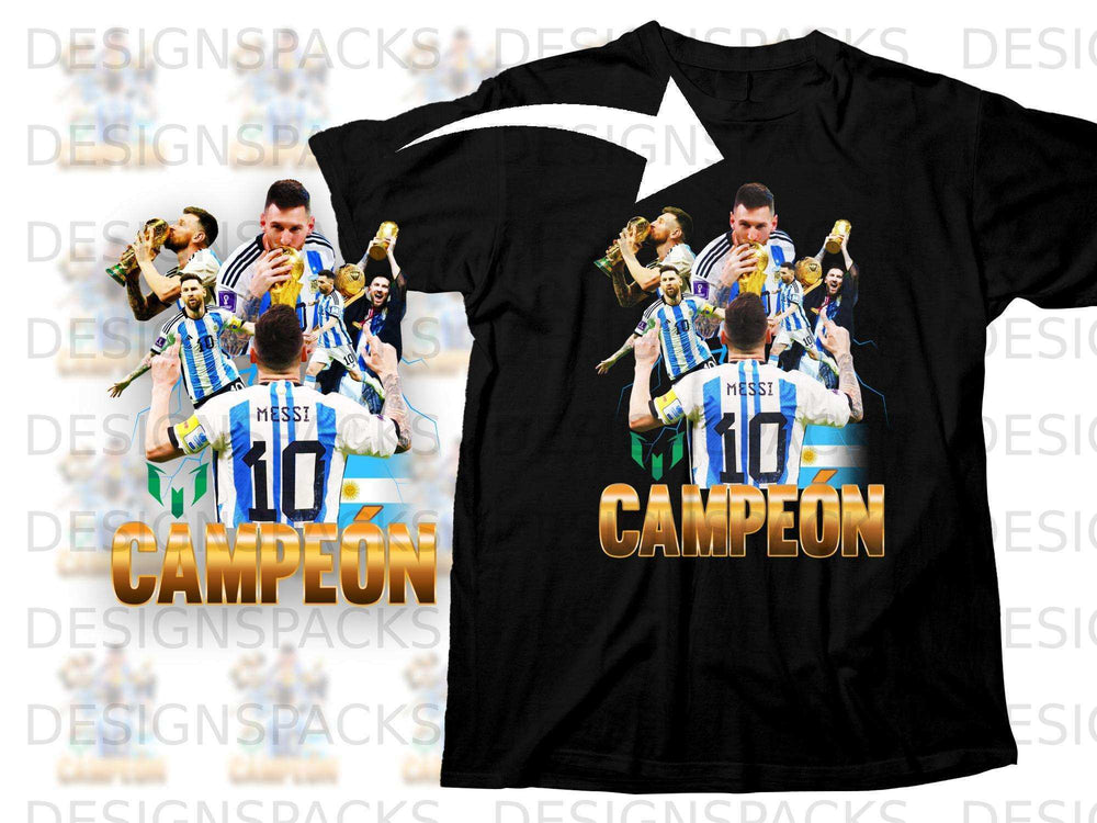 Lionel Messi wearing a "10 CAMPEÓN" shirt with a trophy and celebratory imagery.