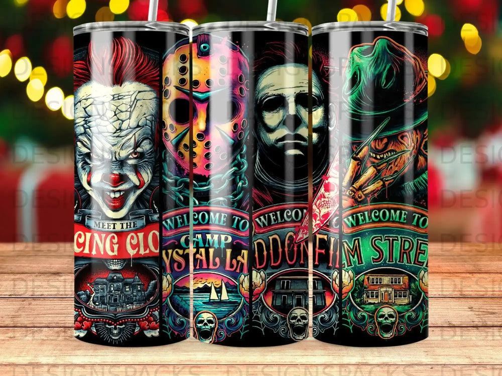 Horror movie icons on tumblers: Pennywise, Jason, Michael Myers, Freddy Krueger, with scene details.