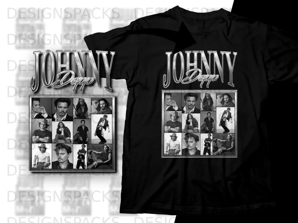 Collage of Johnny Depp photos on a black t-shirt.