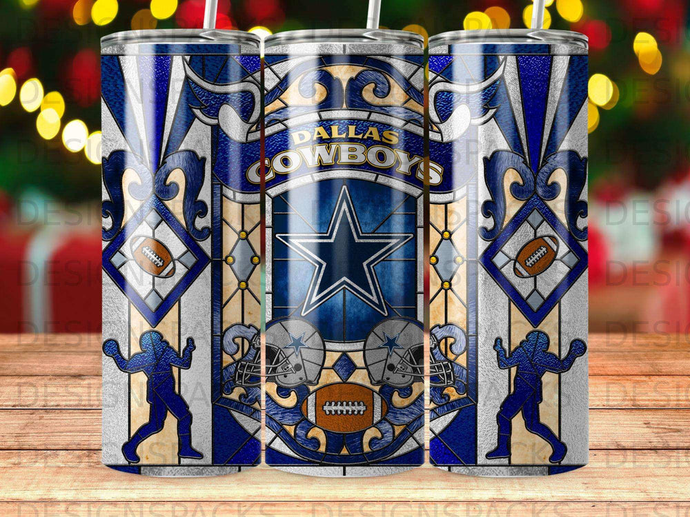 Dallas Cowboys tumbler with team logo, helmets, and football graphics.