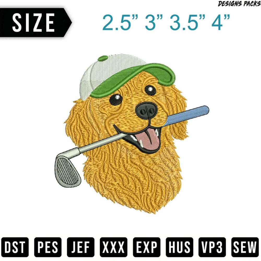 Golden retriever wearing a hat, holding a golf club in its mouth.