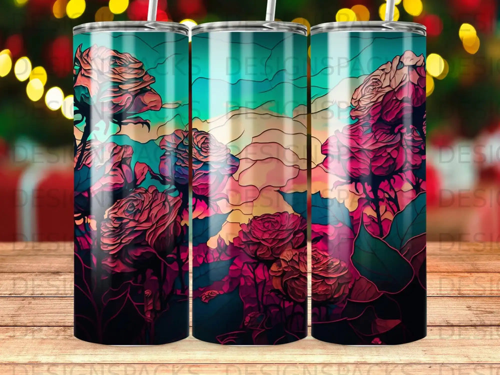 Floral tumbler with deep red roses against a vibrant, abstract background.