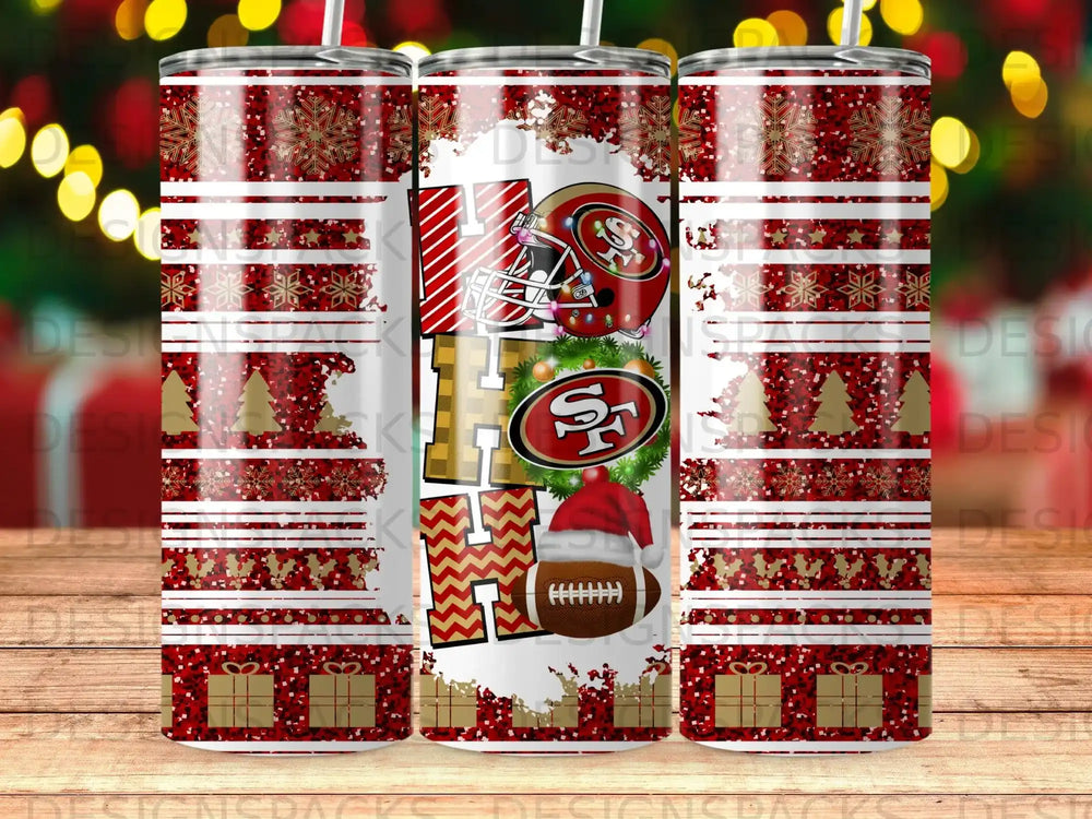 "HO HO HO" text with snowflakes, presents, and football on a sparkly tumbler design.
