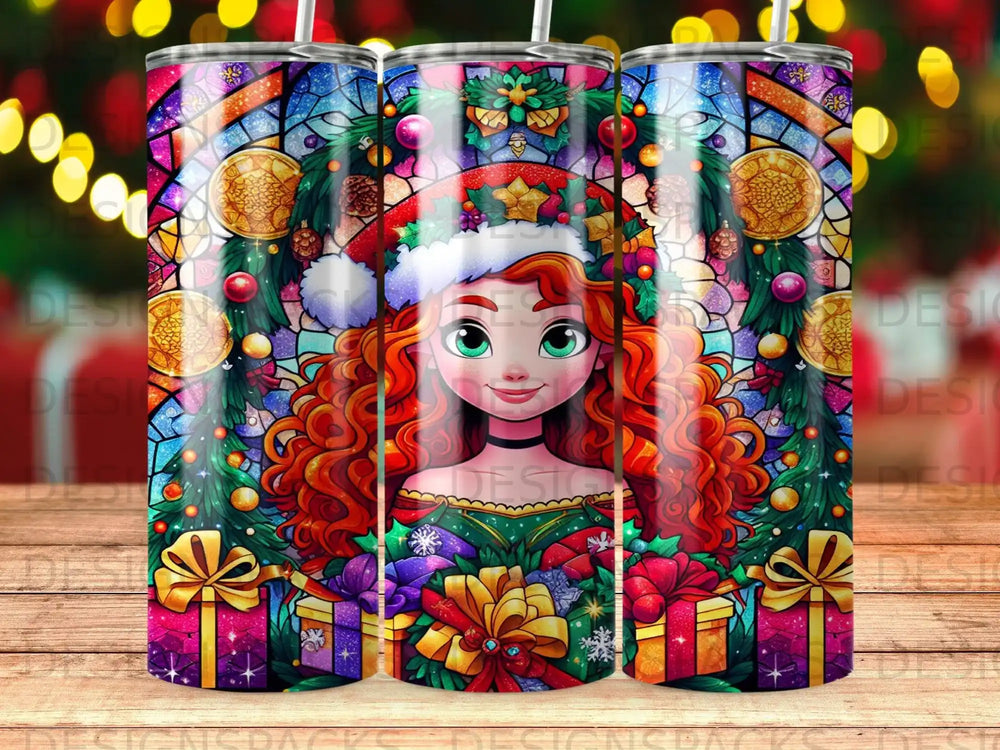Christmas tumbler featuring a red-haired girl in a Santa hat surrounded by gifts and stained glass.