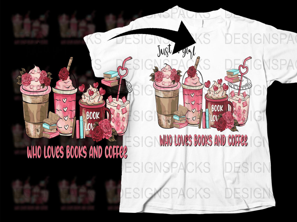 Book Lover Coffee T-Shirt, Cute Pink Cafe Graphics, Literary Tee for Women, Reading and Coffee Shirt Design