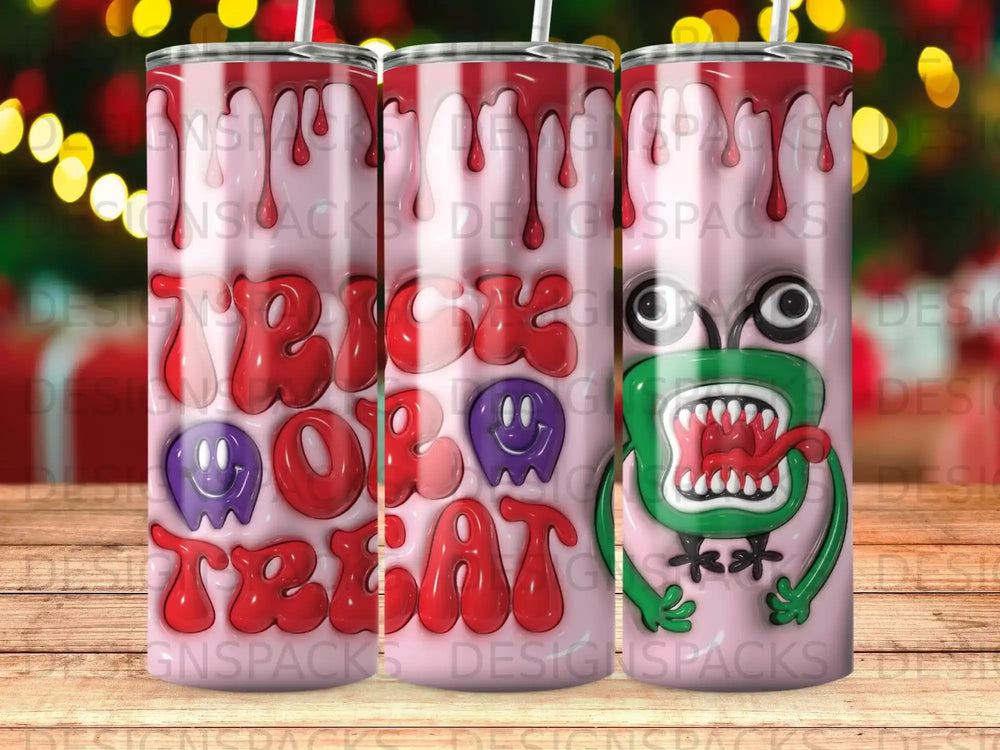 Halloween tumbler with "Trick or Treat" and spooky ghost and monster graphics.