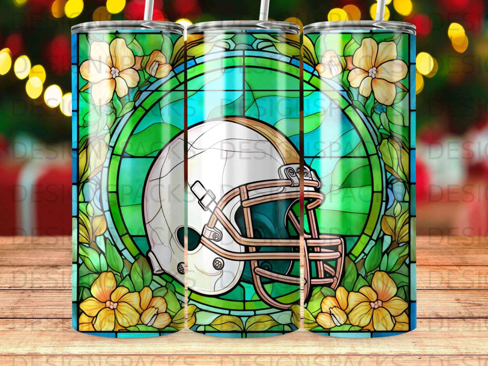 Stained glass football helmet with floral accents.
