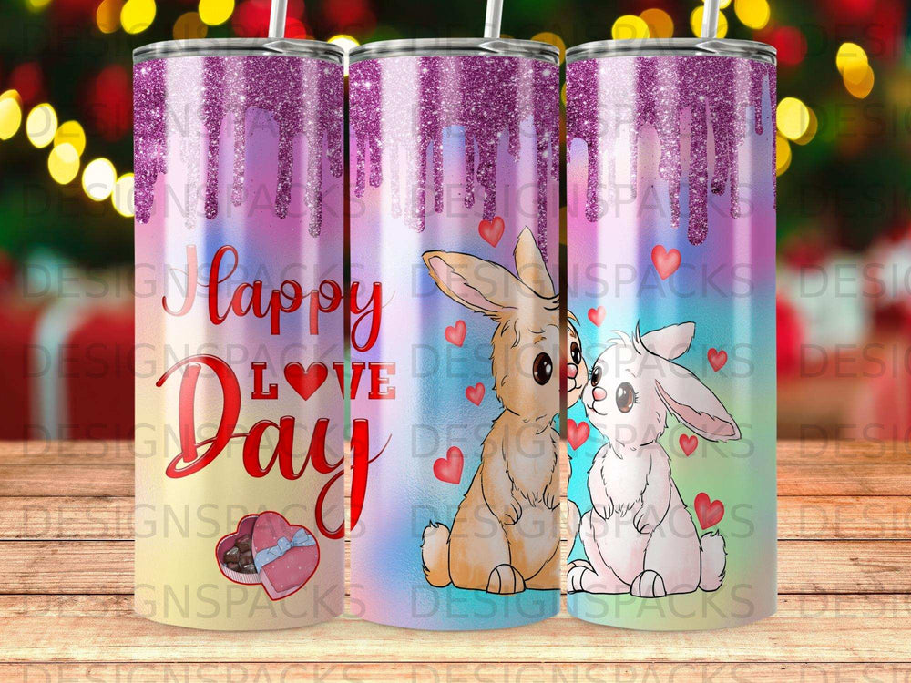 Tumbler with purple glitter, bunnies, and "Happy Love Day" text.