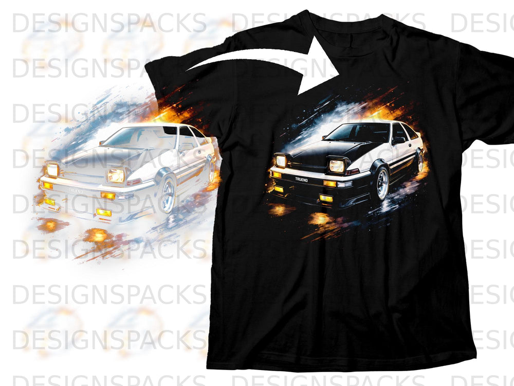 Black t-shirt with graphic of a white Toyota AE86 Corolla Trueno car.