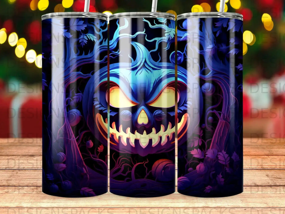 Jack-o'-lantern with glowing eyes surrounded by dark, spooky trees and purple foliage.