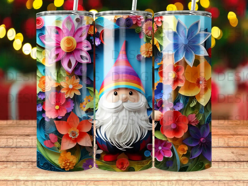 Rainbow Gnome Floral Tumbler Digital Wrap Design