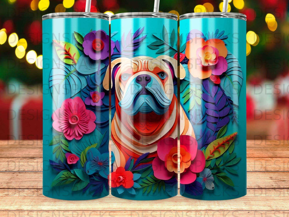 Bulldog face surrounded by vibrant flowers and leaves on a teal background.
