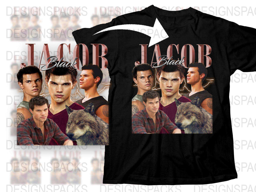 Jacob Black Inspired Graphic T-Shirt, Twilight Saga Fan Merch, Multiple Poses with Wolf, Black Cotton Tee