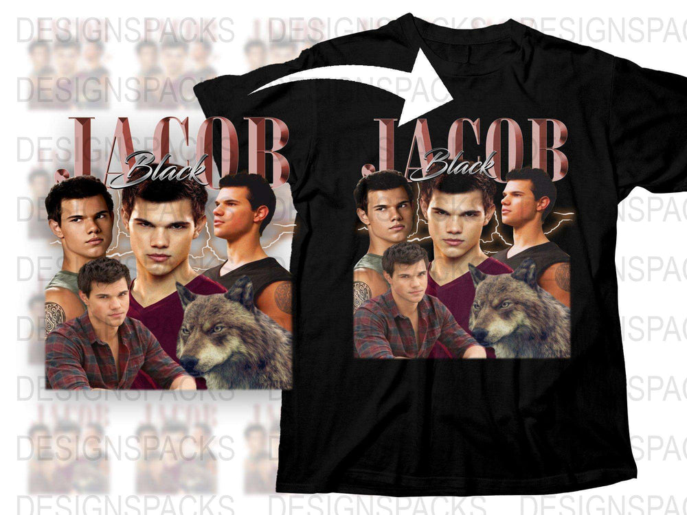Jacob Black Inspired Graphic T-Shirt, Twilight Saga Fan Merch, Multiple Poses with Wolf, Black Cotton Tee