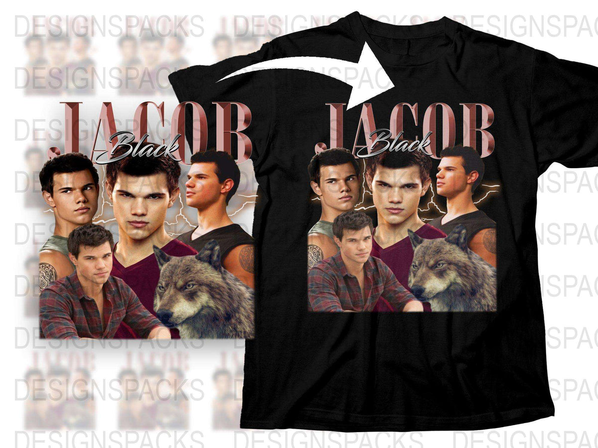 Jacob Black Inspired Graphic T-Shirt, Twilight Saga Fan Merch, Multiple Poses with Wolf, Black Cotton Tee