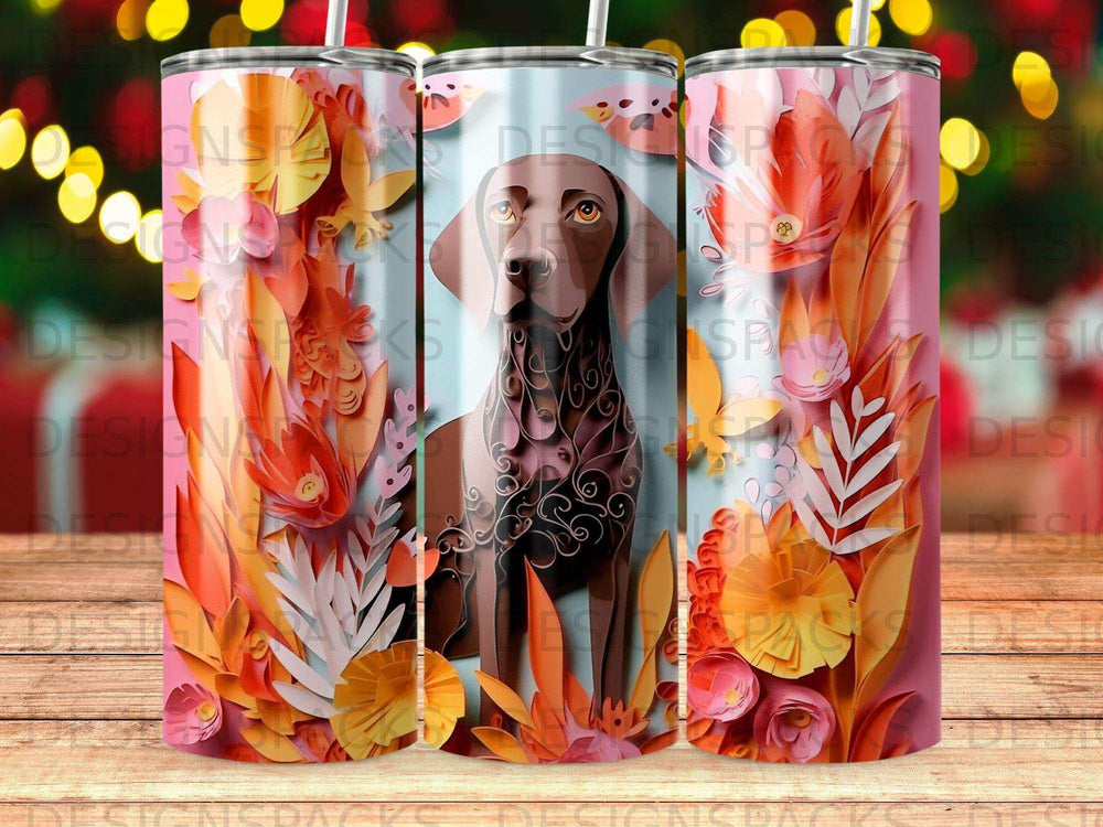 Brown dog with floral and leaf design on a colorful patterned tumbler.