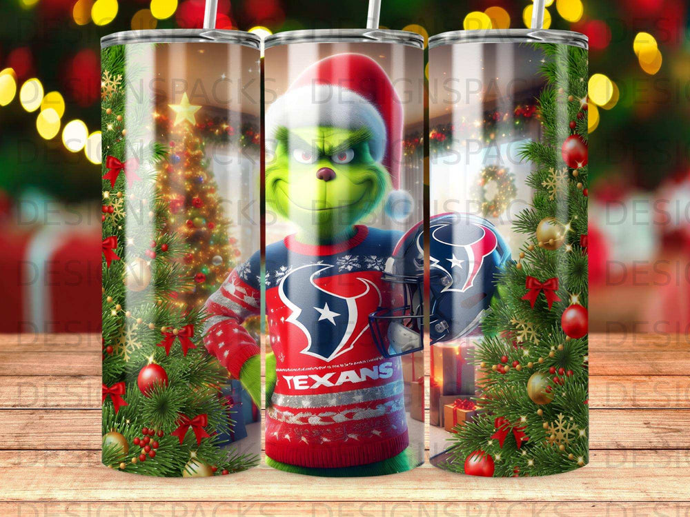 Grinch in Houston Texans sweater holding a helmet with holiday decorations.