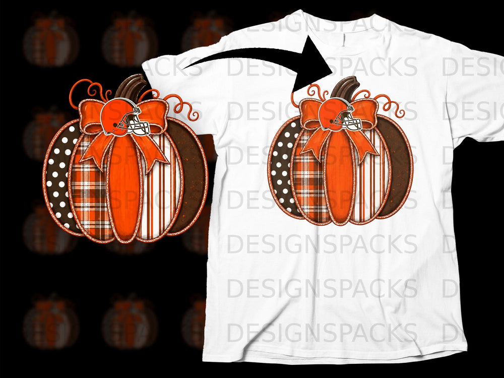 Pumpkin with bow and football helmet, on a white t-shirt.