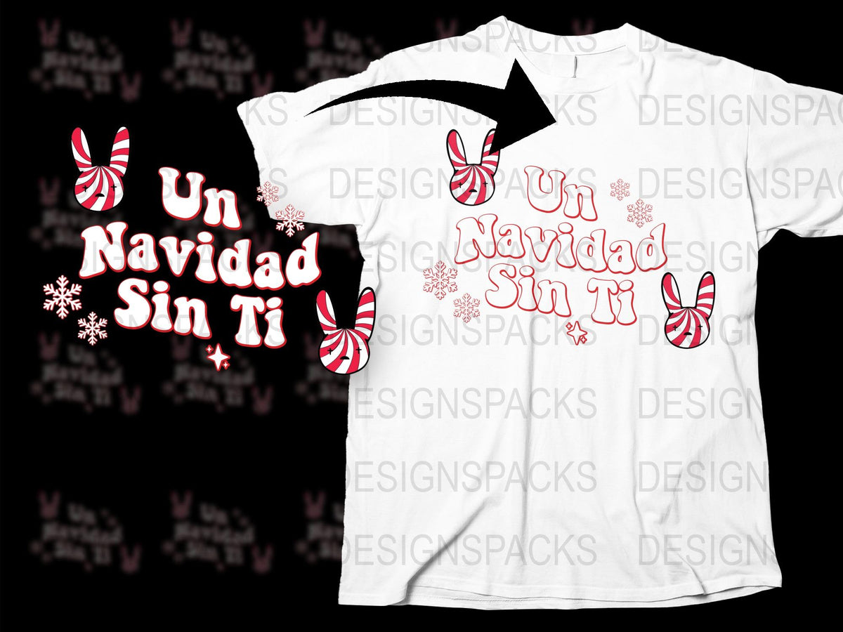 Un Navidad Sin Ti T-Shirt, Festive Holiday Graphic Tee, White Snowflakes and Candy Cane Design, Gift Idea