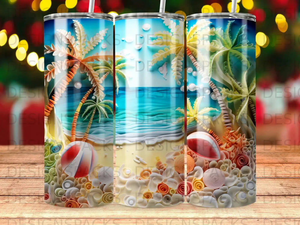 Beach scene with palm trees, ocean, and beach ball on a tumbler.