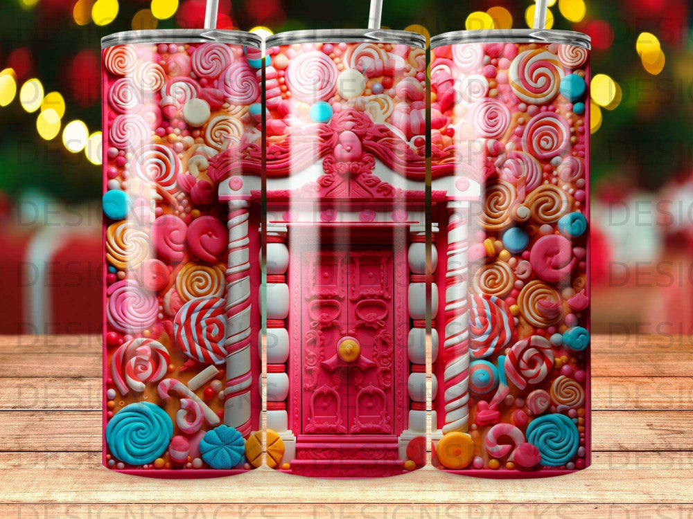 Three skinny tumblers with a bright pink candy-themed design.
