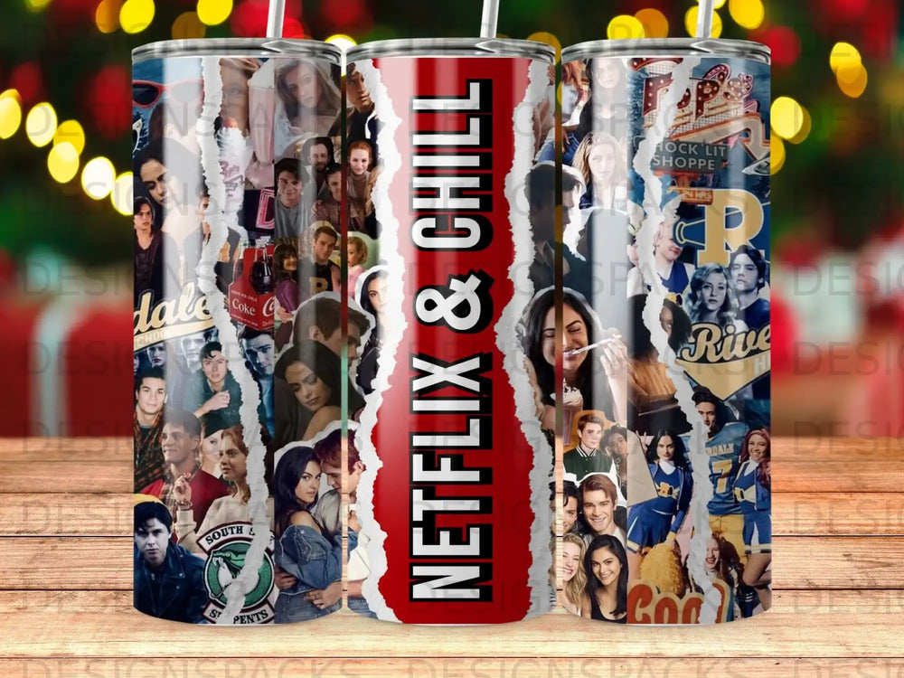 Tumbler with collage of Netflix show stills, "Netflix & Chill" text.