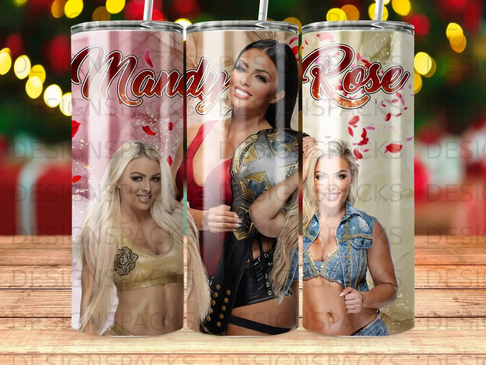 Women holding wrestling belts, with "Mandy Rose" text.