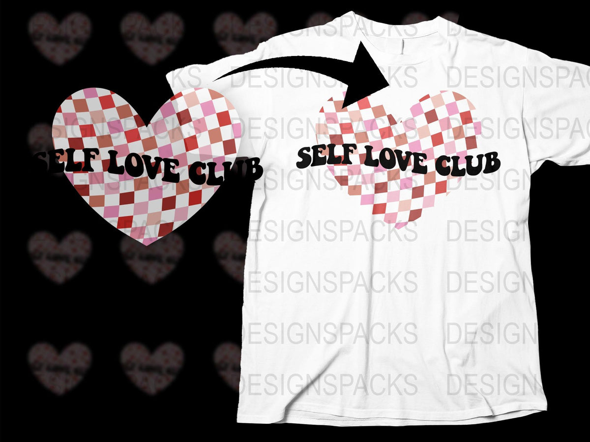Self Love Club T-Shirt, Red and White Checkered Heart Design, Unisex Cotton Tee