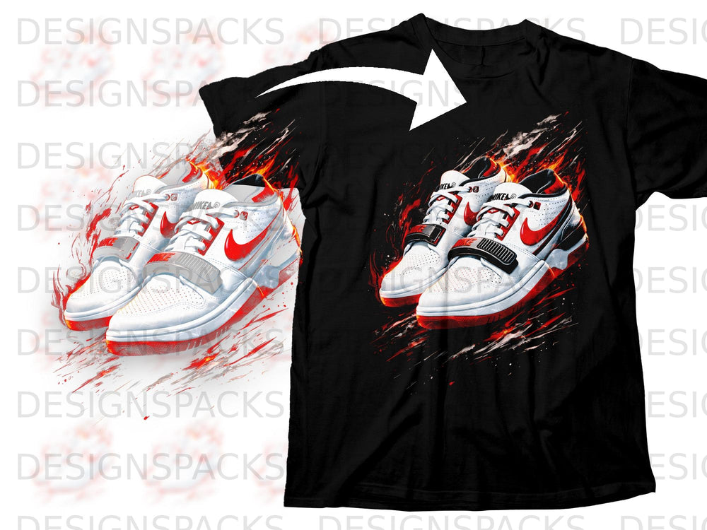 Black t-shirt featuring white sneakers with red accents and fiery graphic.