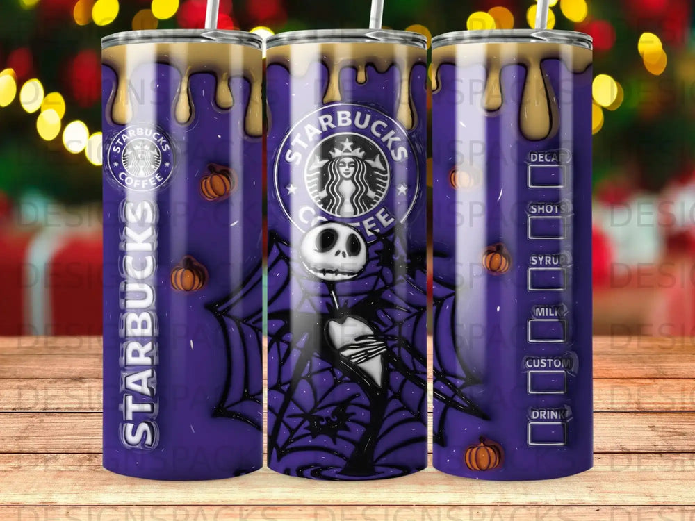 Starbucks tumbler with Jack Skellington, cobwebs, and Halloween pumpkins.