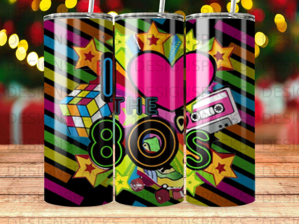 Retro 80s design with Rubik's Cube, cassette tape, and boombox.