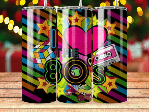 Retro 80s design with Rubik's Cube, cassette tape, and boombox.