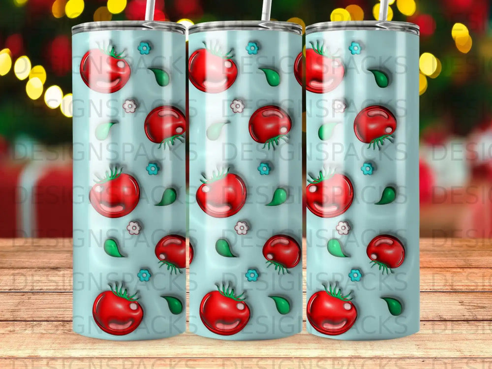 Pattern of red tomatoes with green stems on a light teal background.