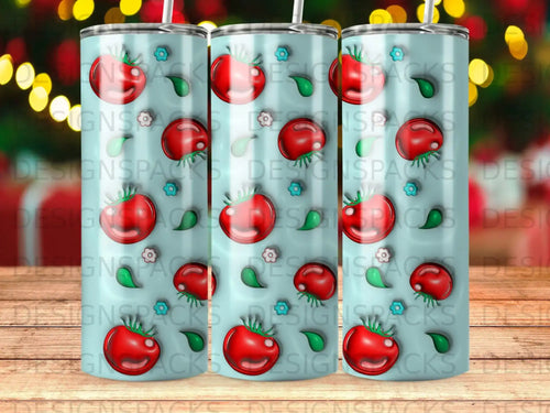 Pattern of red tomatoes with green stems on a light teal background.