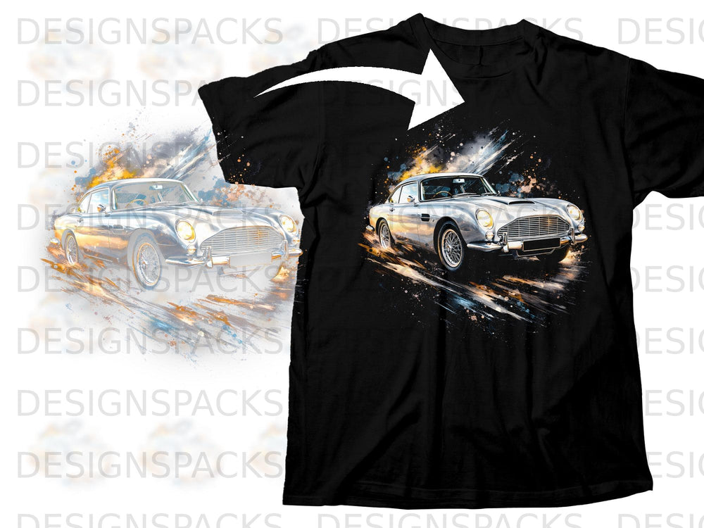 Black t-shirt with artistic graphic of a silver classic car in motion.