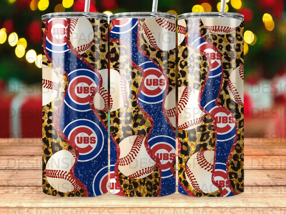 Chicago Cubs baseball tumbler with leopard print and wavy blue lines.