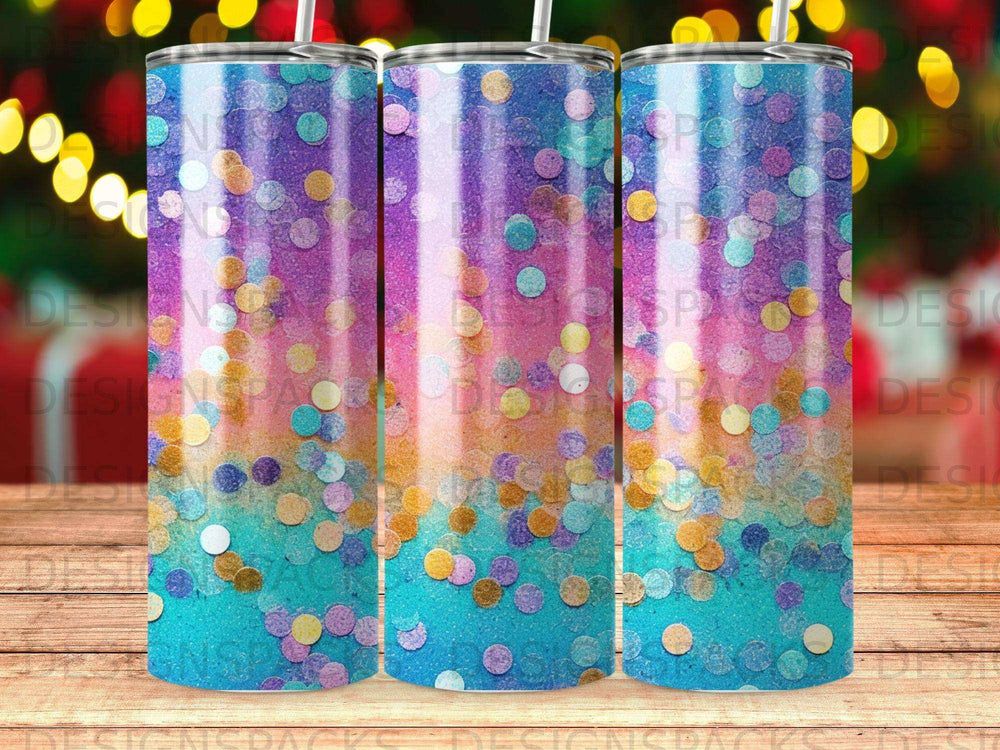 Glittering confetti tumbler with blue, purple, and pink sparkle design.