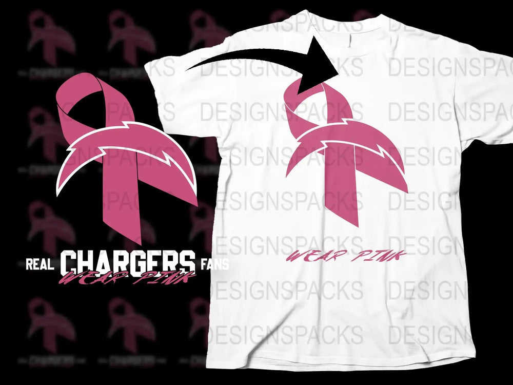 Breast Cancer Awareness T-Shirt Pink Ribbon Chargers Fans Support Gear