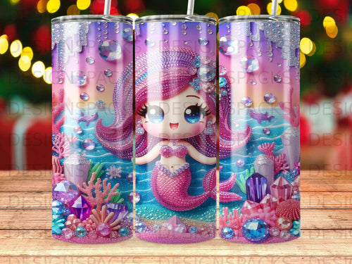 Mermaid with pink hair and colorful underwater scene on a skinny tumbler.