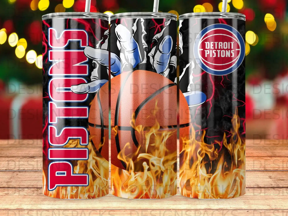 Detroit Pistons tumbler with basketball and flames design.