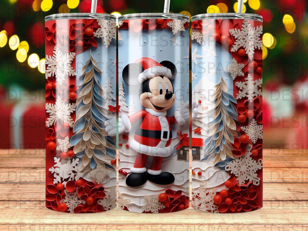 Mickey Mouse in Santa hat and suit with snowy trees and snowflakes.