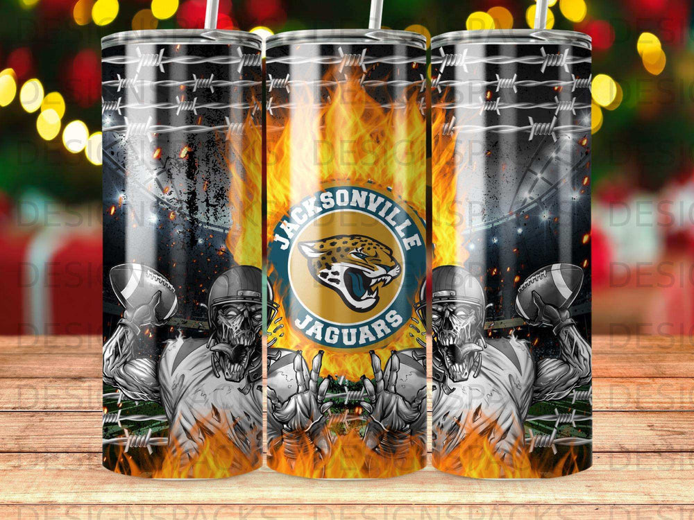 Jacksonville Jaguars football players with flaming helmets and barbed wire design.