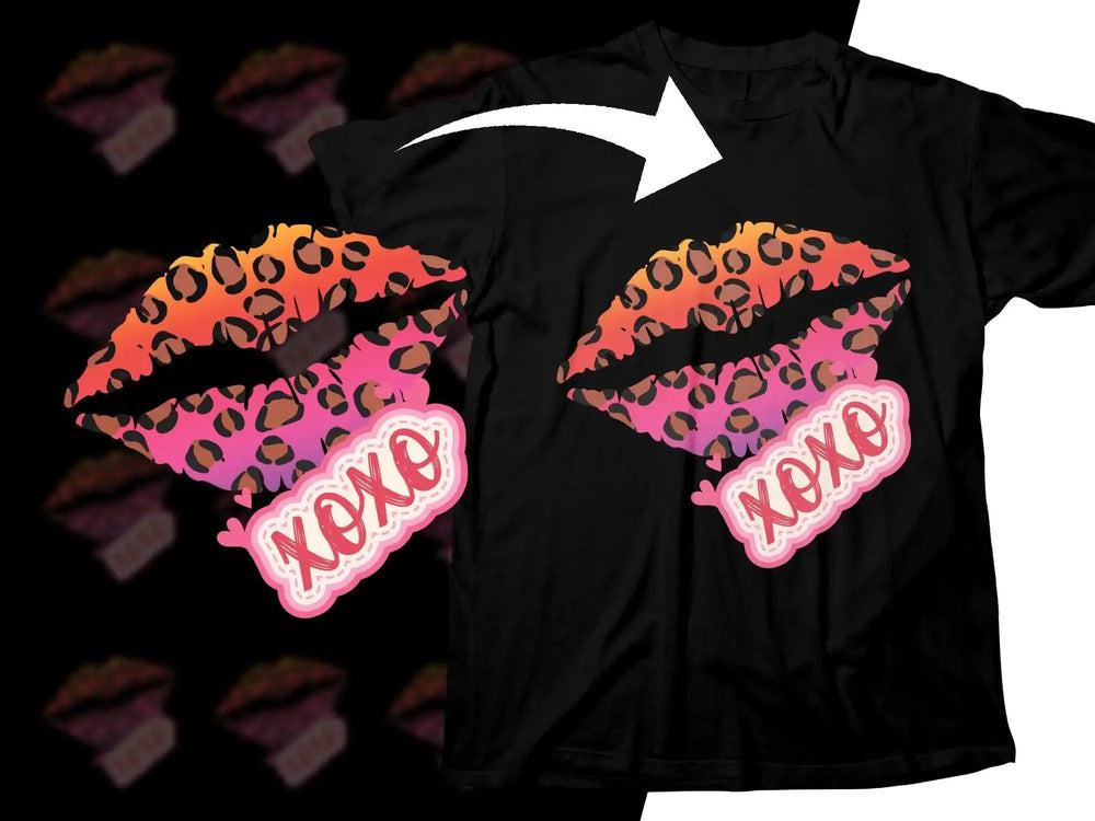 Leopard print lips with XOXO text on black t-shirt, vibrant gradient design for DTG printing