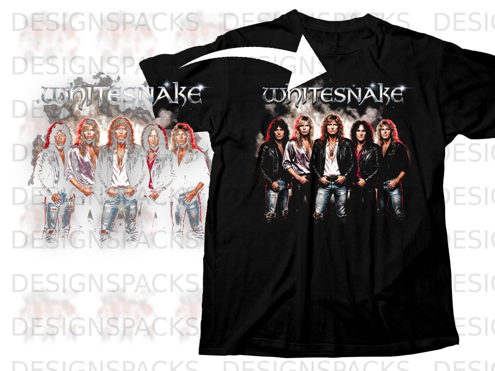 Whitesnake band members in concert attire on a black t-shirt.